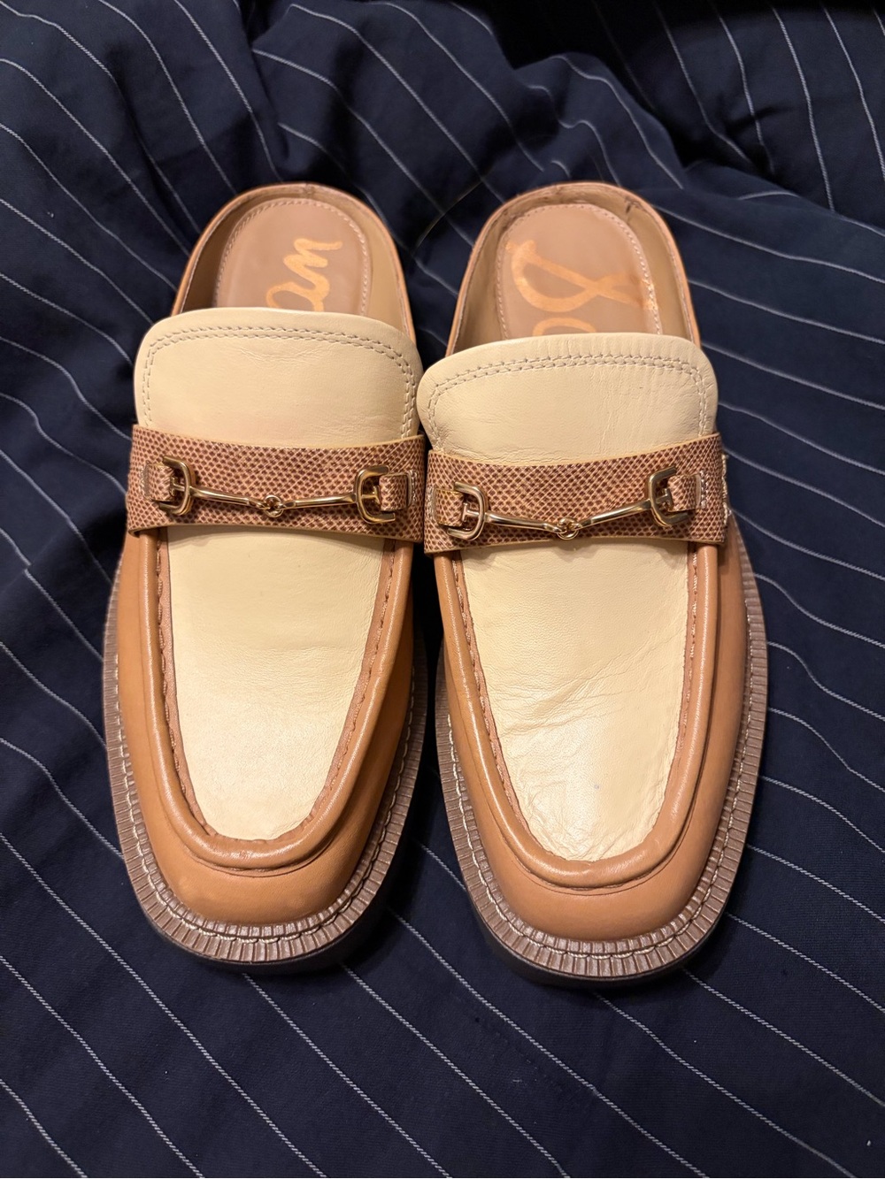 Sam Edelman Two-Tone Tan & Cream Bit-Detail Mules